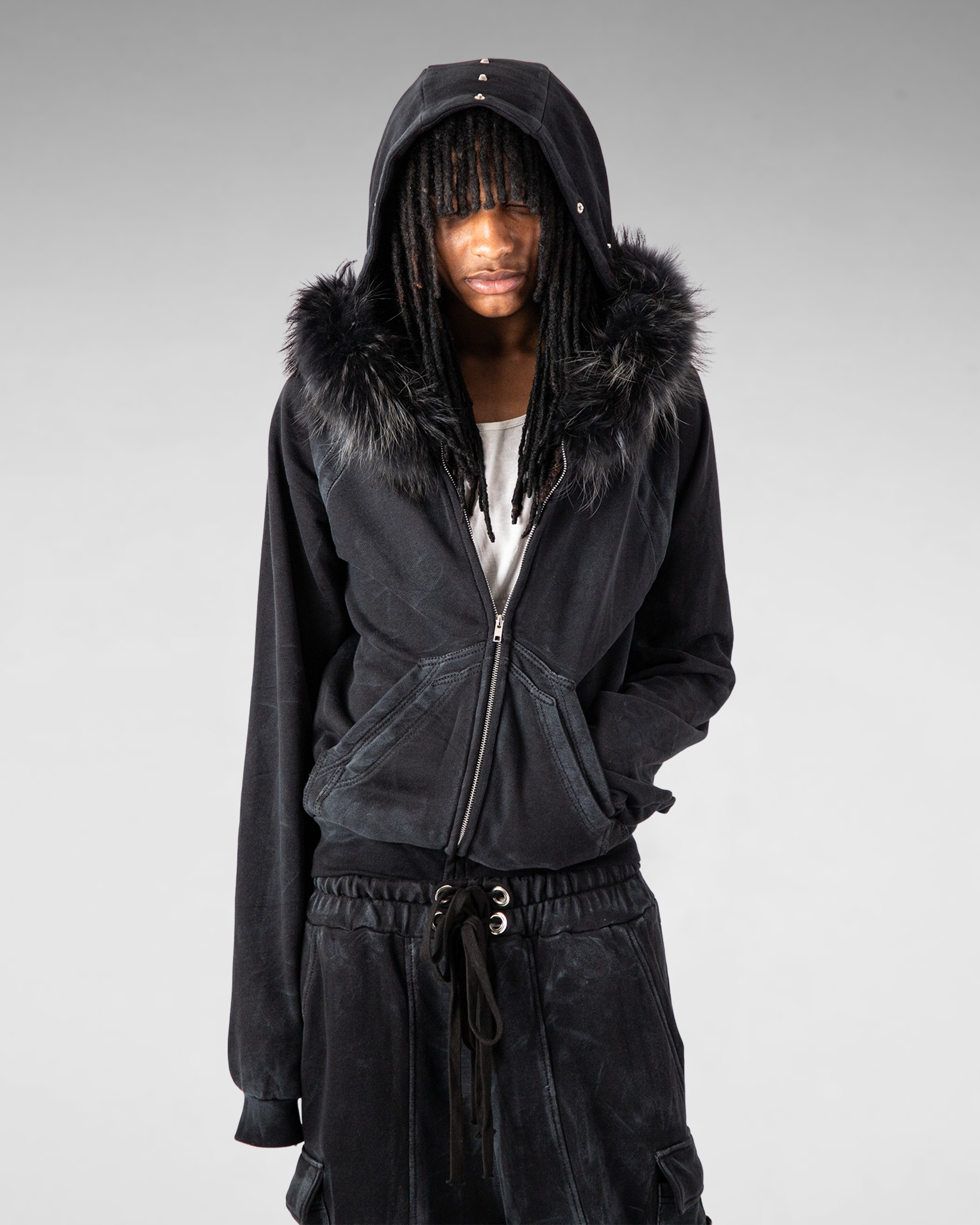 "OBSIDIA" FOX FUR WAXED HOODIE