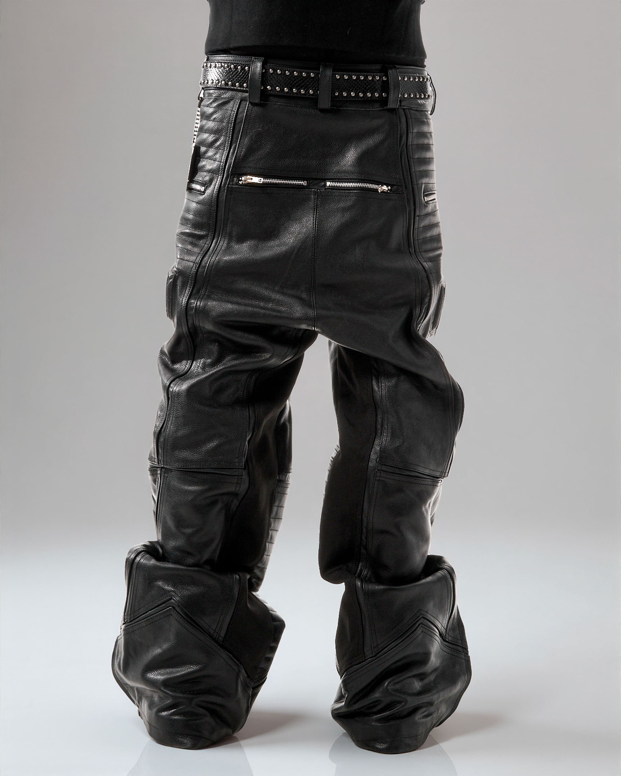 "PRYZM" BLACK LEATHER BIKER PANTS