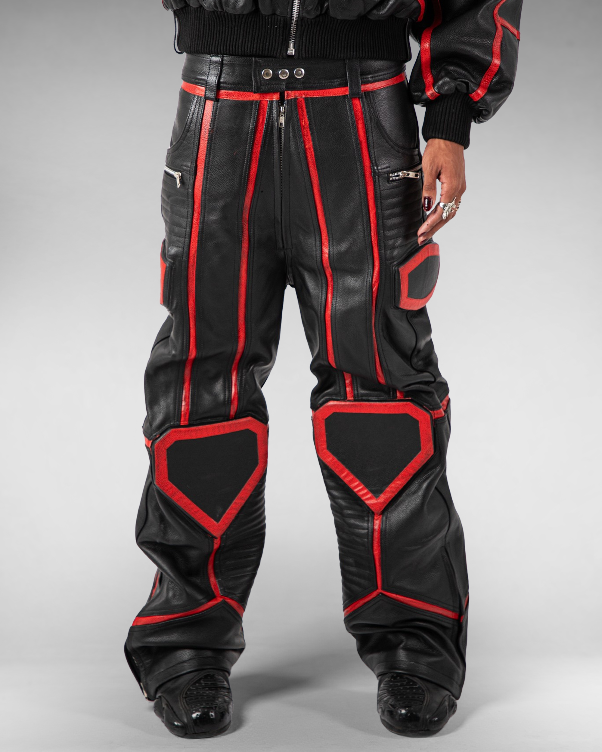 "PRYZM" RED LEATHER BIKER PANTS
