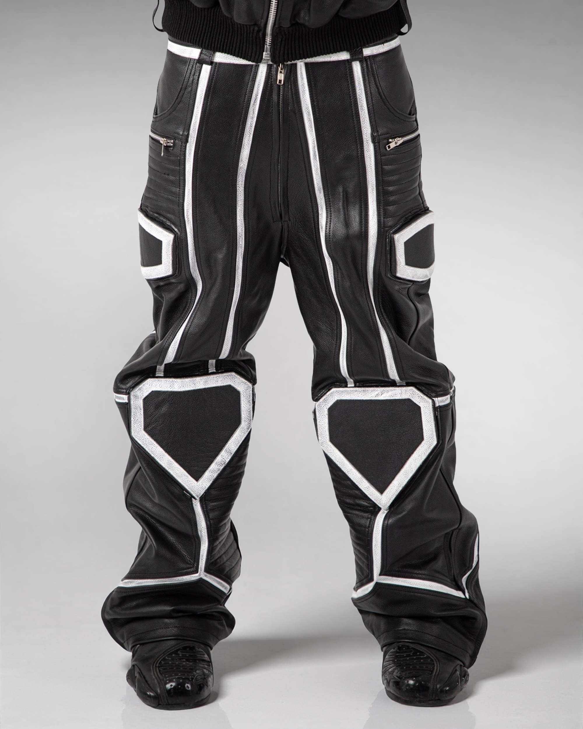 "PRYZM" WHITE LEATHER BIKER PANTS