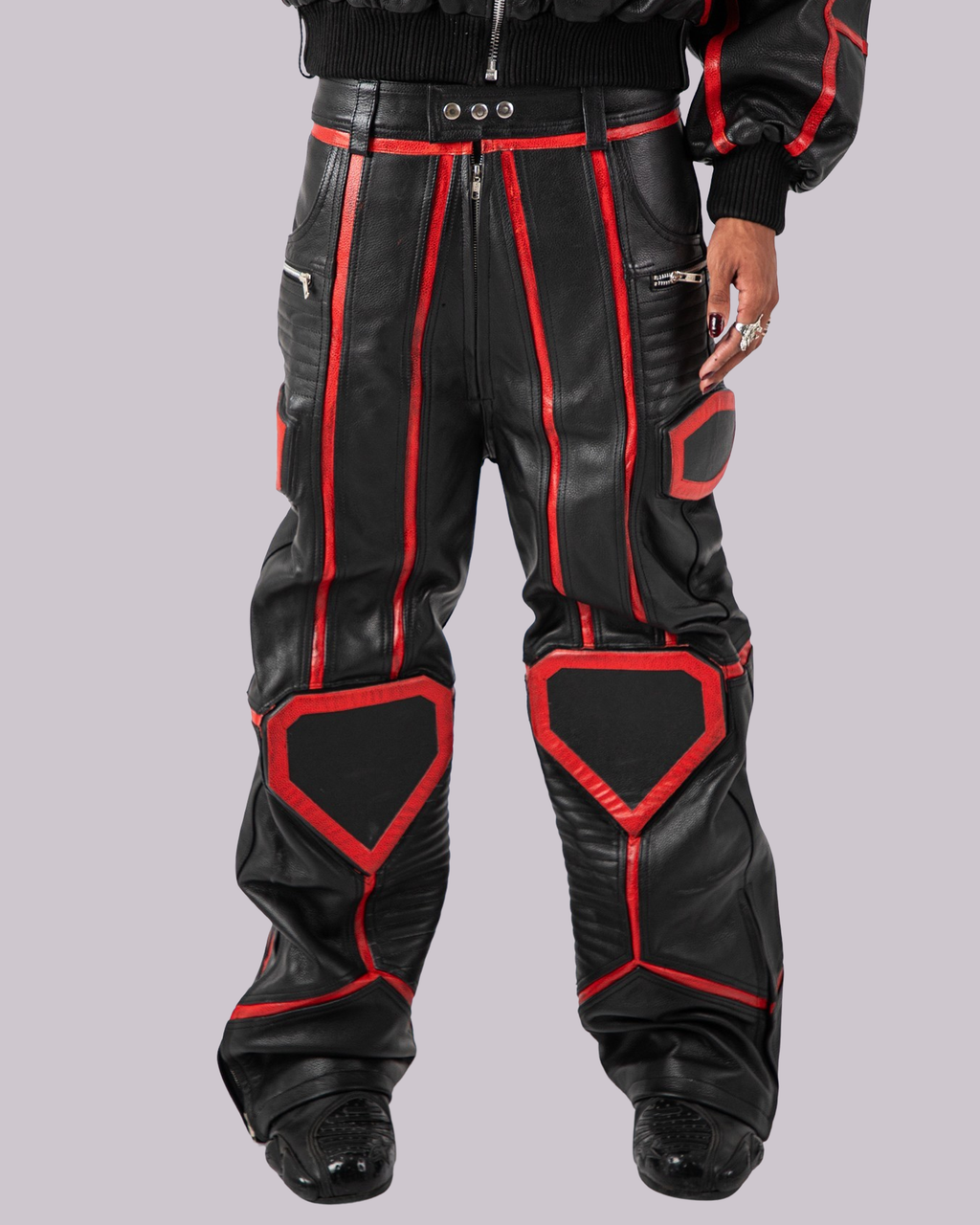 "PRYZM" RED LEATHER BIKER PANTS