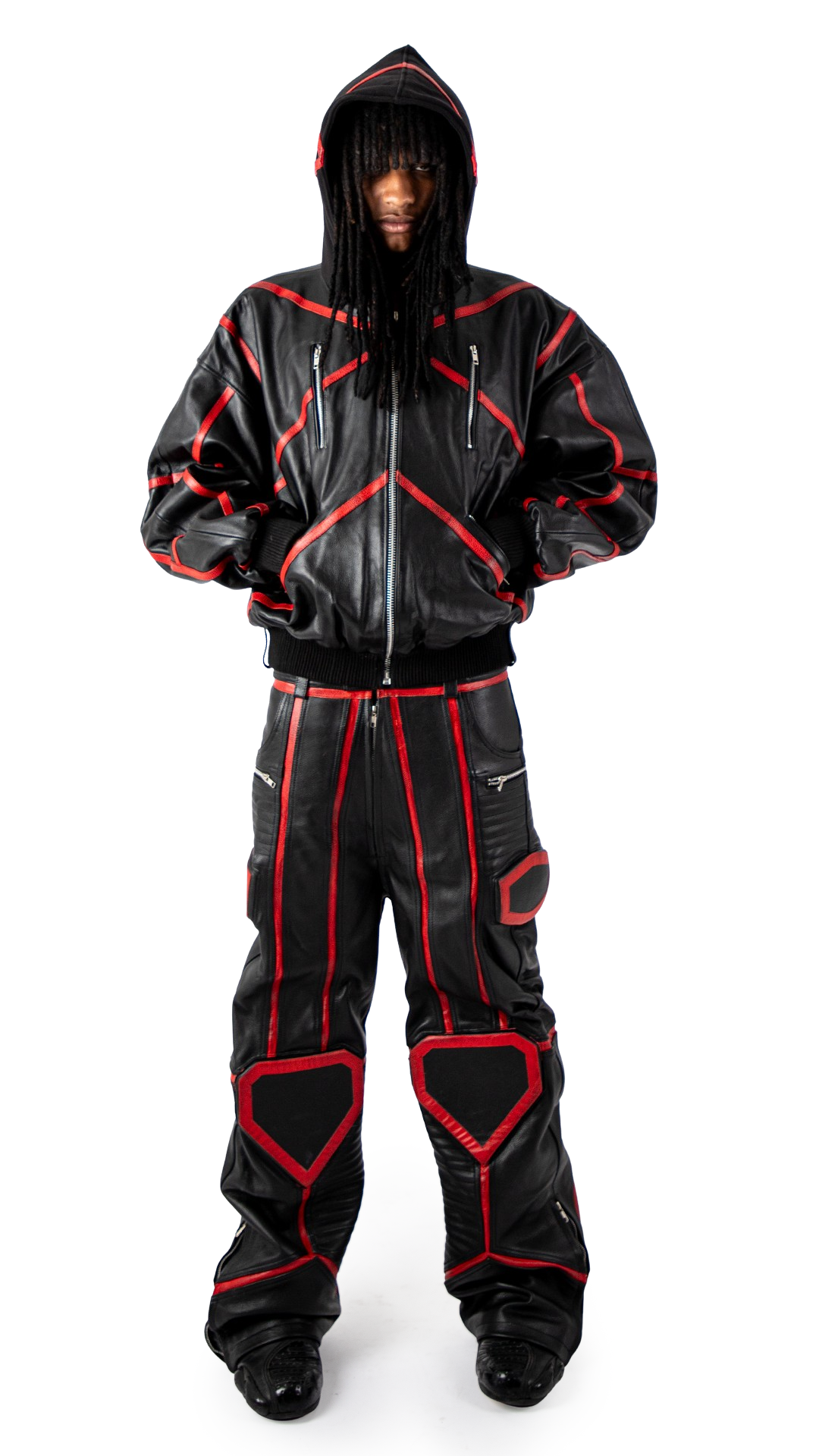 "PRYZM" RED LEATHER BIKER PANTS