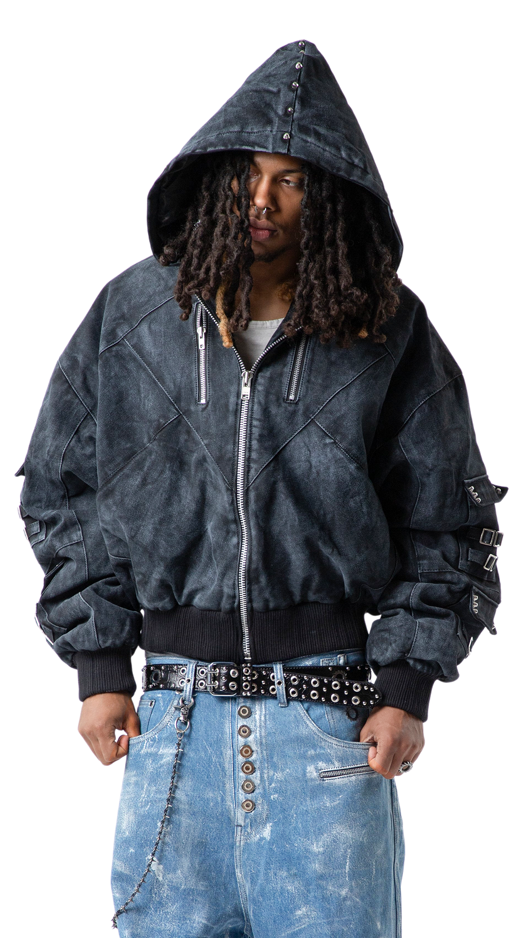 "OBSIDIA" WAXED GOOSE-DOWN DENIM BOMBER