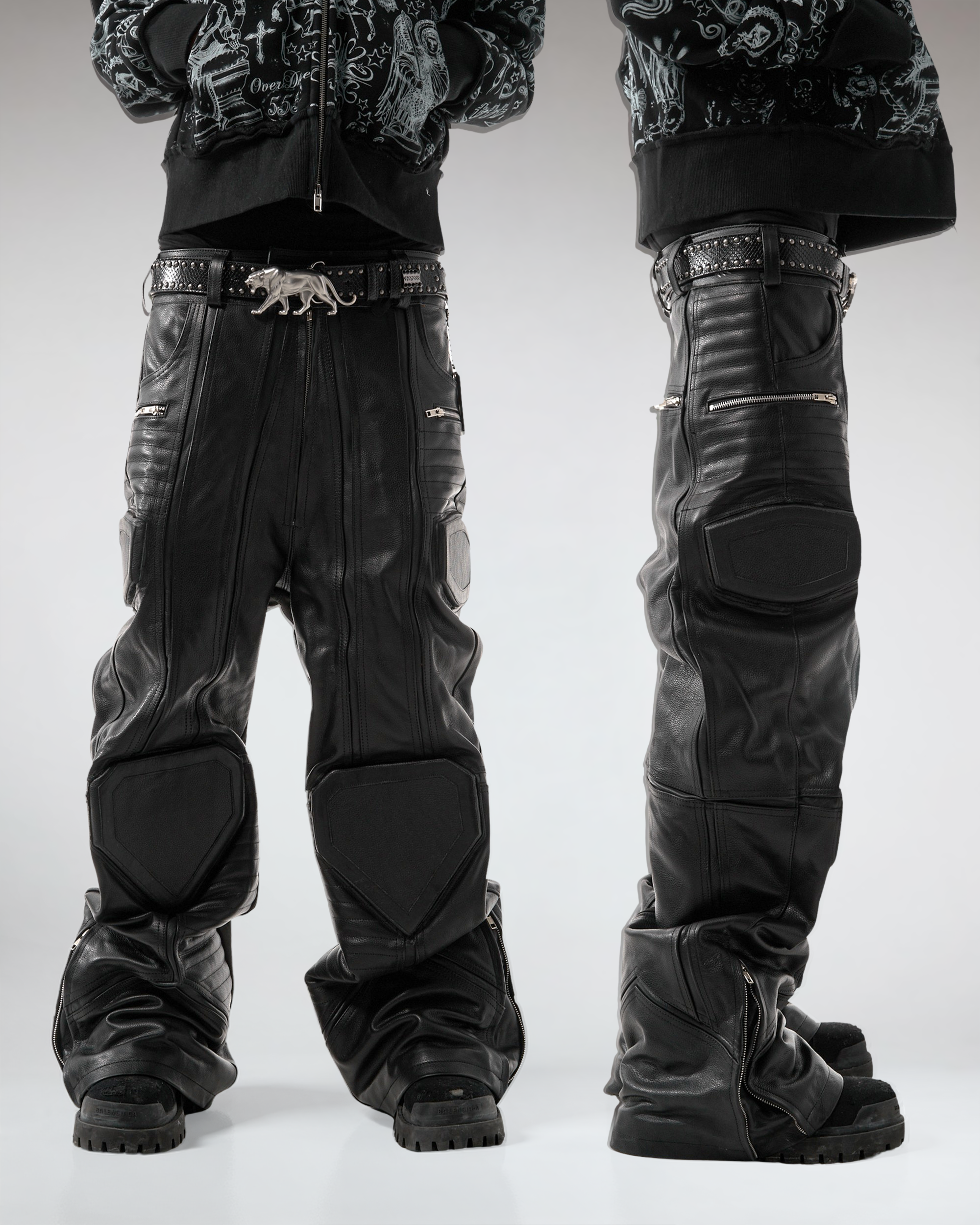 "PRYZM" BLACK LEATHER BIKER PANTS